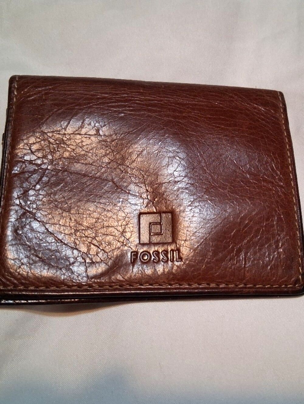 Vintage Fossil Brown Leather Slim Bifold Card Case Wallet Plaid ID Window Y2K